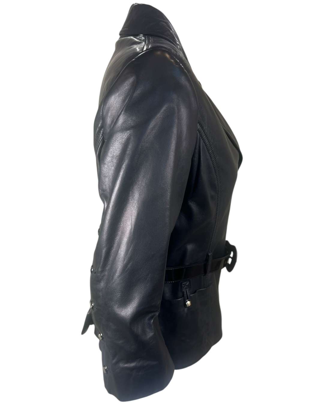 Vintage Fendi Black Leather Belted Tailored Coat Jacket w/ Patent Belt & Logo Buttons, Made in Italy (c. Late 1990s)
