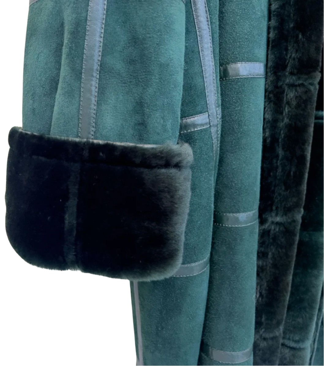 1970s Christian Dior Forest Green Shearling Patchwork Coat | Boutique Label Oversized Fur Trim Jacket