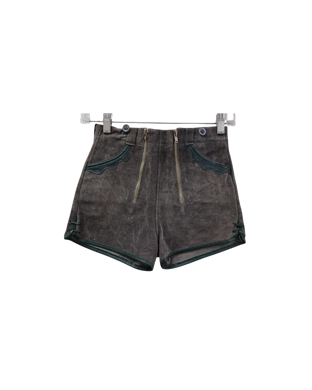 Vintage Suede Leather Shorts with Green Trim and Front Dual Zipper