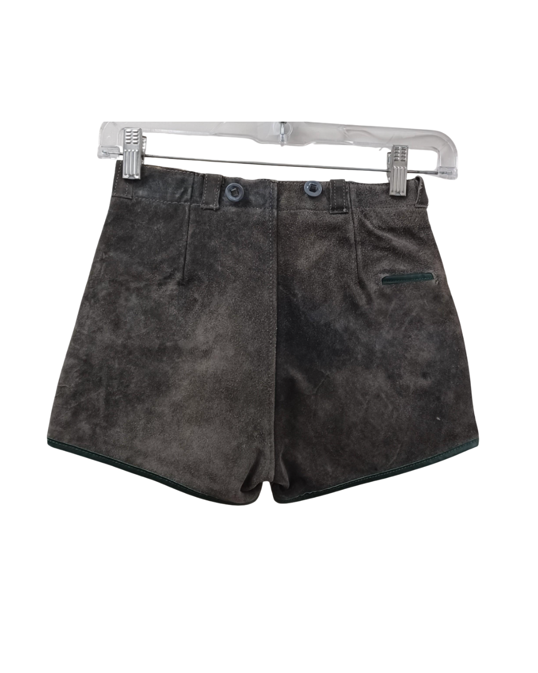 Vintage Suede Leather Shorts with Green Trim and Front Dual Zipper