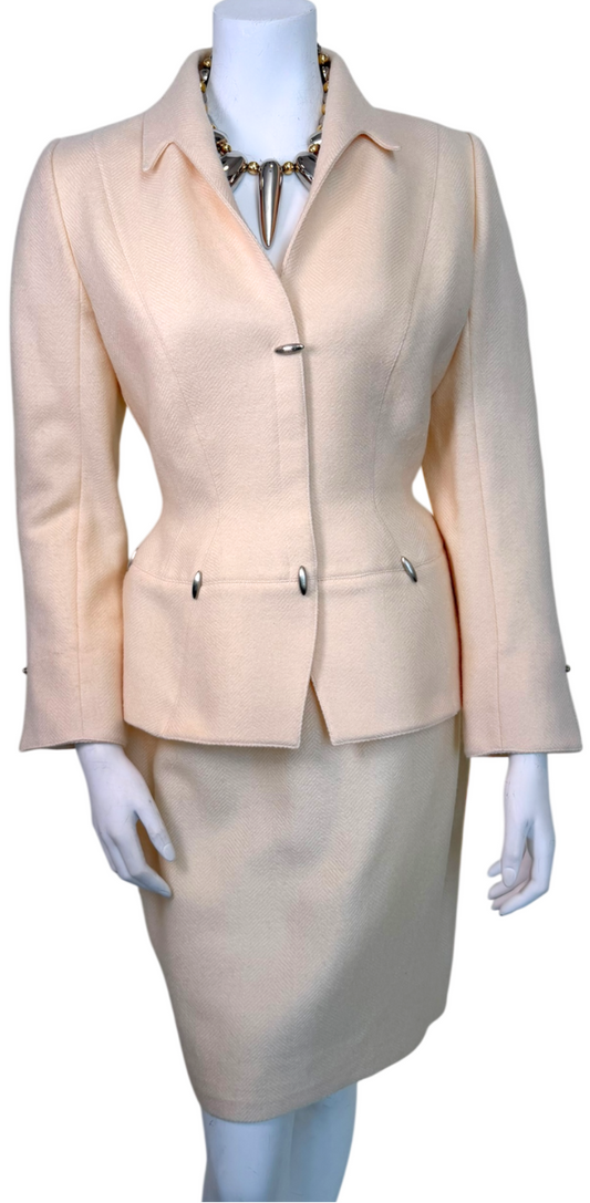 Vintage 1990s Thierry Mugler Ivory Twill Sculpted Hourglass Skirt Suit Set FR 40 (Made in France)