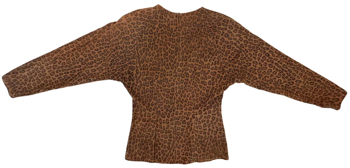 Vintage 80s Vakko Leopard Print Suede Two-Piece Skirt and Top Set
