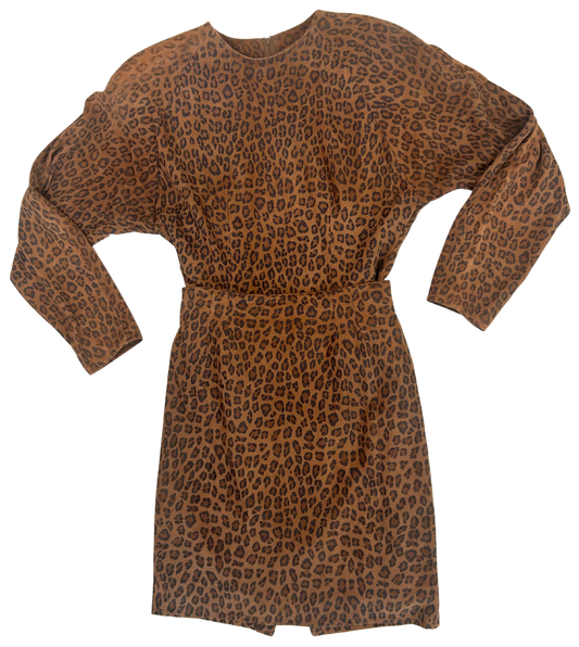 Vintage 80s Vakko Leopard Print Suede Two-Piece Skirt and Top Set