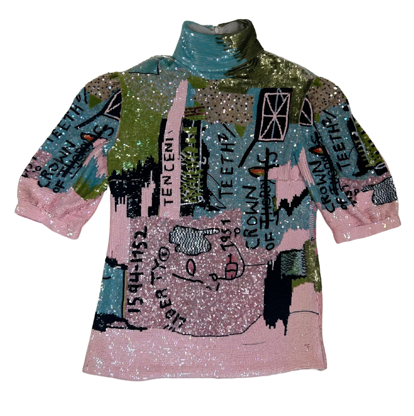 Valentino x Jean-Michel Basquiat Silk Sequin Graffiti Print Blouse