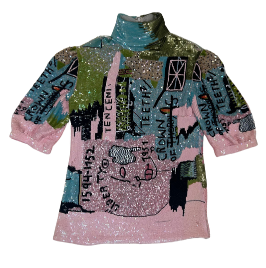 Valentino x Jean-Michel Basquiat Silk Sequin Graffiti Print Blouse