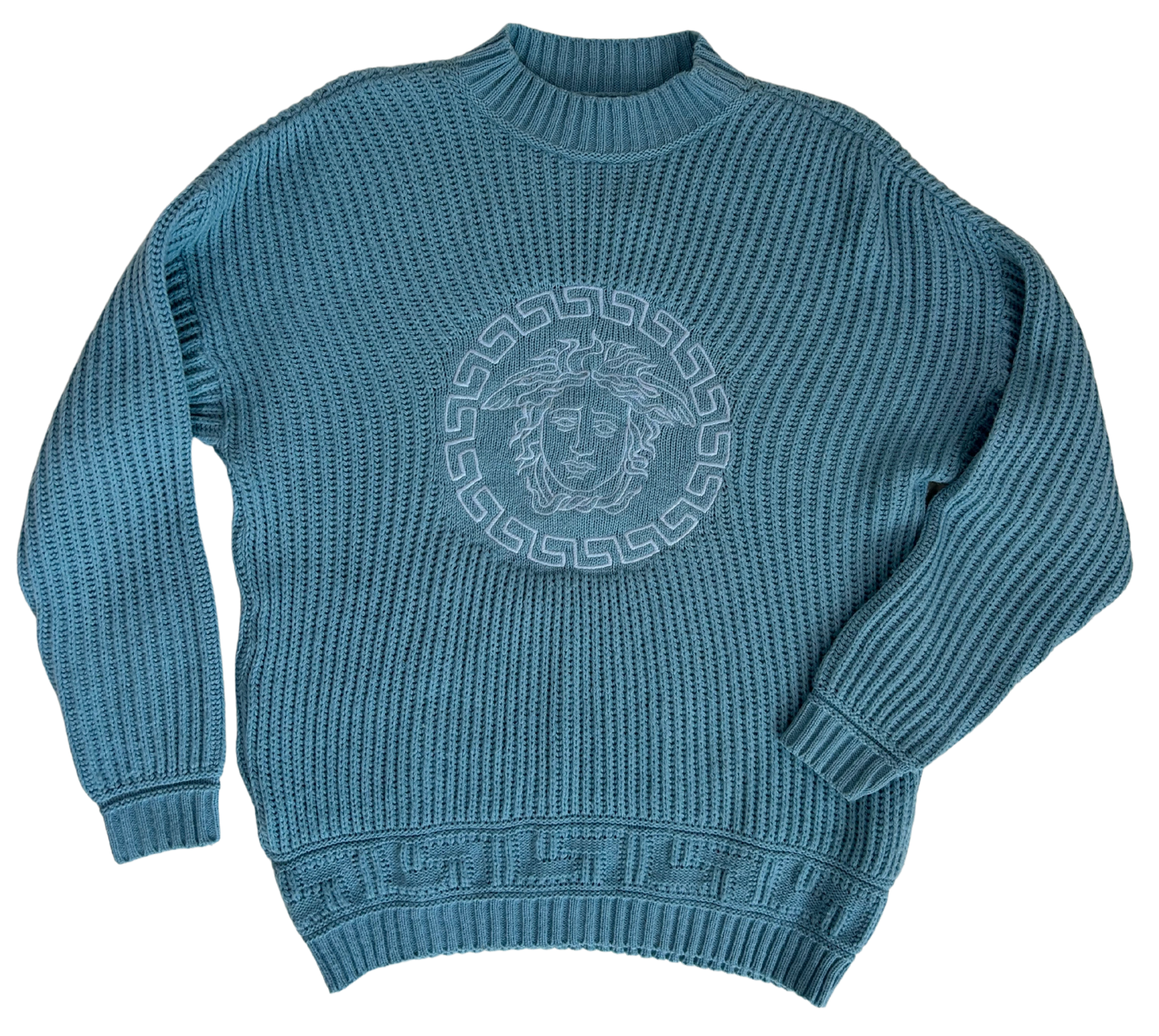 Versace Vintage 90's Light Blue Medusa Cable Knit Sweater