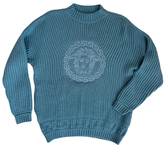 Versace Vintage 90's Light Blue Medusa Cable Knit Sweater
