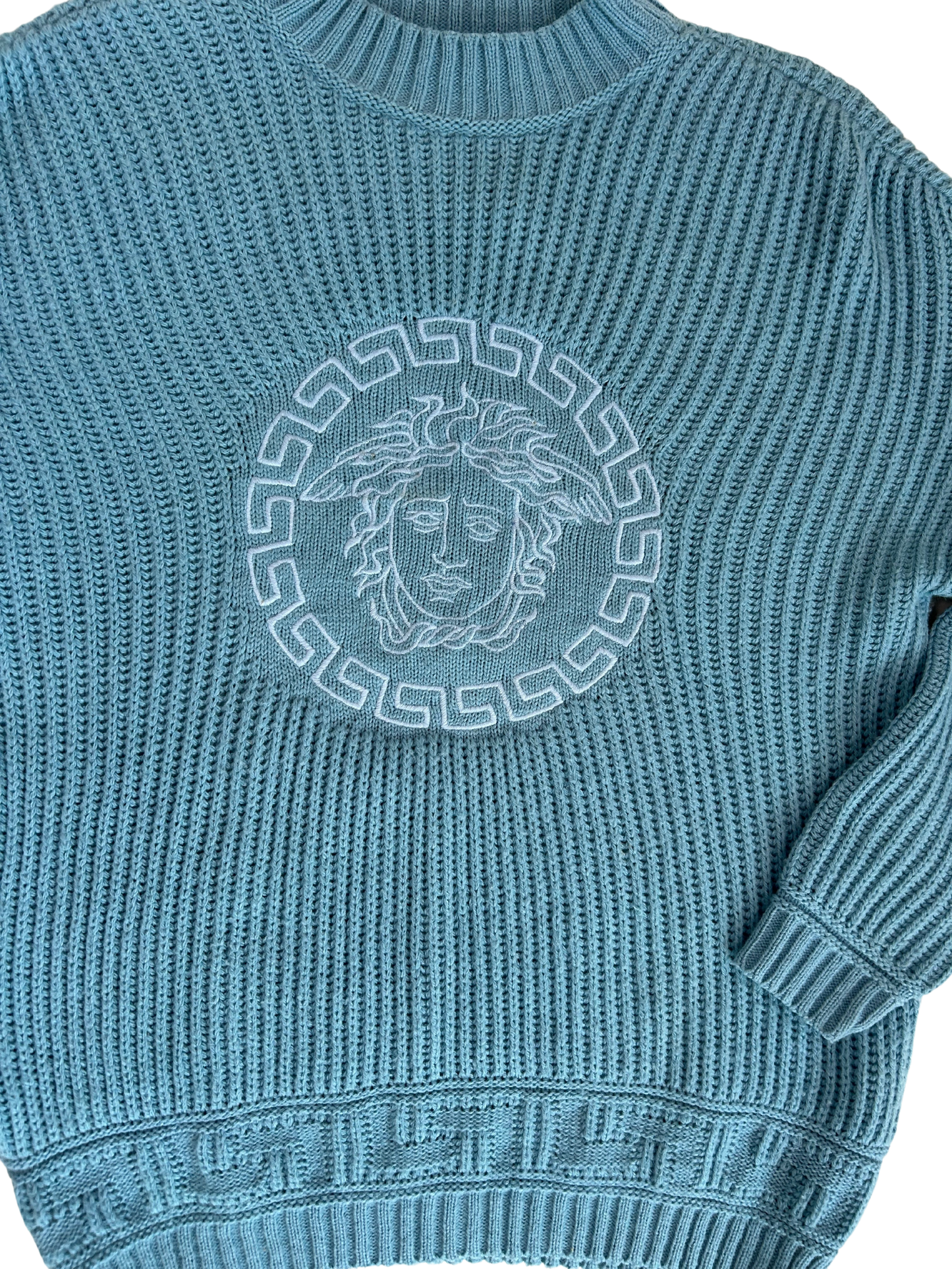 Versace Vintage 90's Light Blue Medusa Cable Knit Sweater