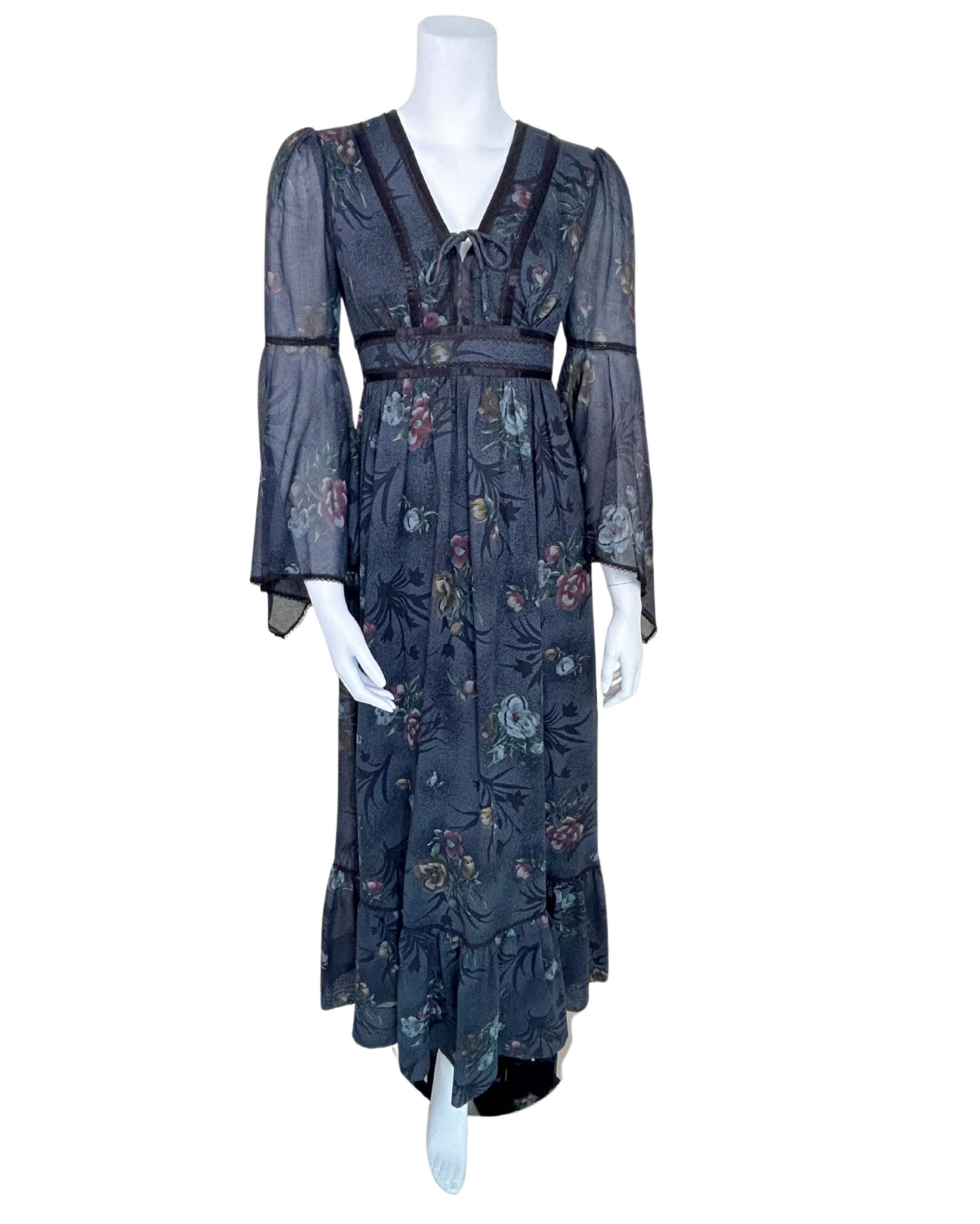 Vintage 1970s Candi Jones California Black Floral Prairie Dress