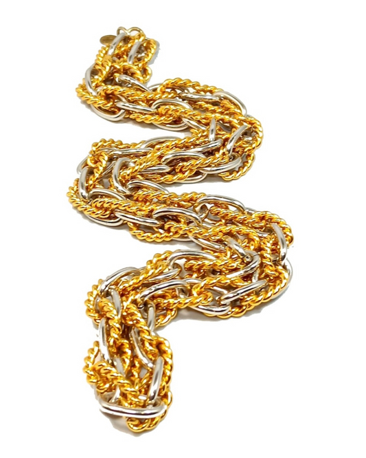 Vintage 1980s Les Bernard Two-Tone Gold and Silver Tone Rope Chain Necklace
