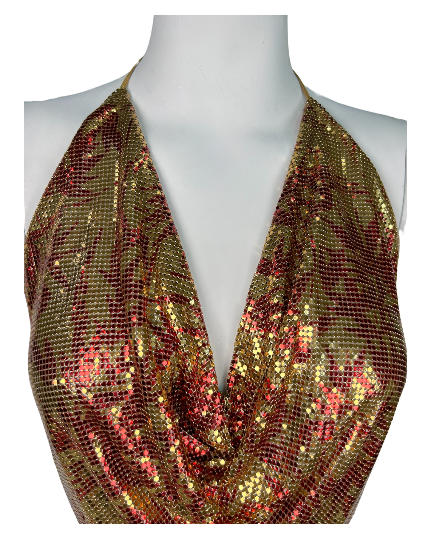 Vintage Whiting & Davis Gold and Red Metallic Flora Print Mesh Halter Top