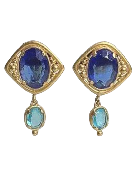 Vintage Robert Goossens for Yves Saint Laurent Gold Plated Sapphire & Aqua Gripoix Glass Earrings — 1980s