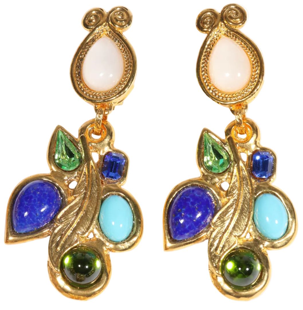 Vintage Hanna Bernhard Paris Gold Tone Art Glass & Crystal Statement Drop Clip-On Earrings, Circa Late 1980s-Early 1990s