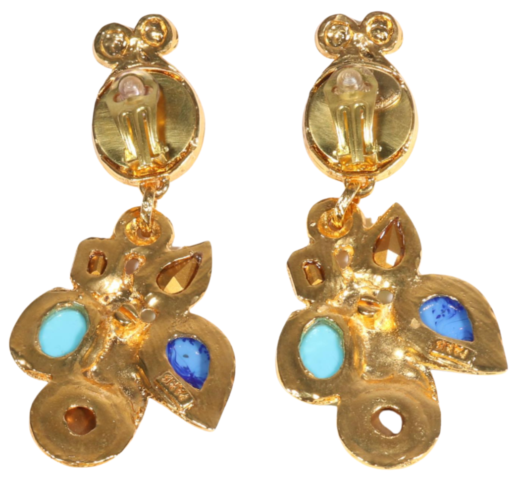 Vintage Hanna Bernhard Paris Gold Tone Art Glass & Crystal Statement Drop Clip-On Earrings, Circa Late 1980s-Early 1990s