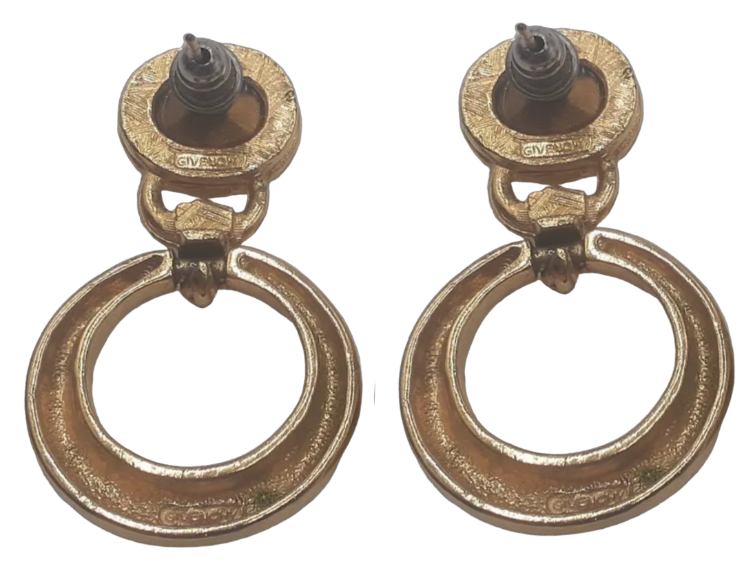 Vintage Givenchy Late 1980s Gold Tone Crystal Door Knocker Drop Earrings