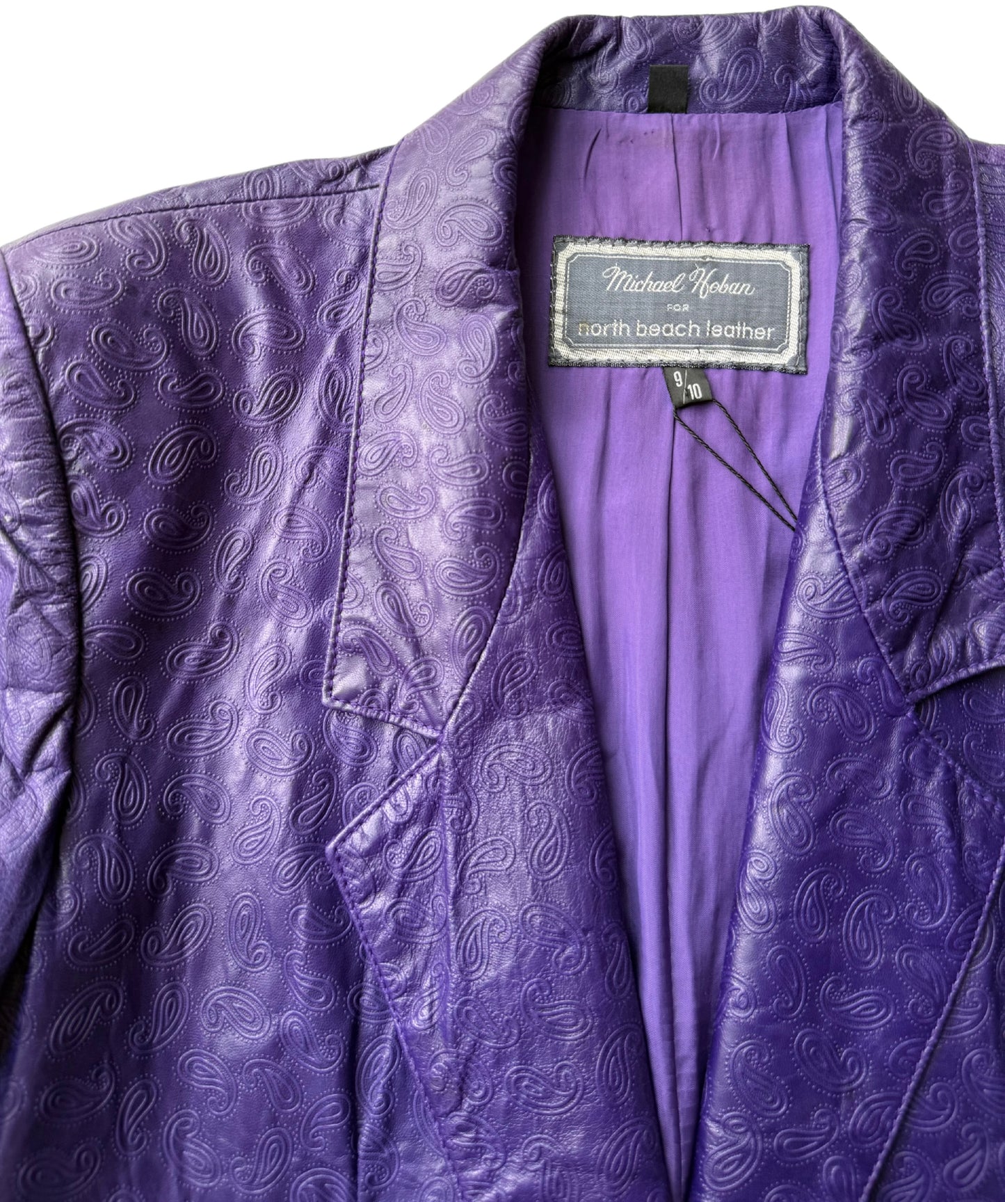 Michael Hoban for North Beach Leather Vintage 1980s Purple Embossed Paisley Leather Jacket