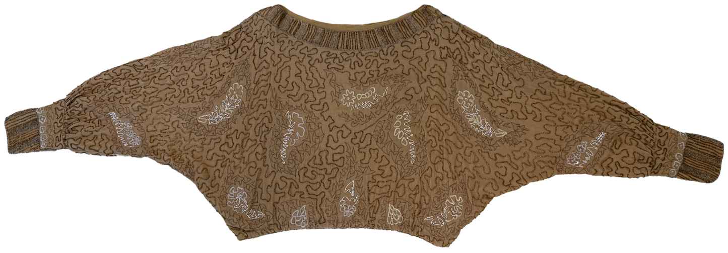 Antique 1920s Beaded Silk Batwing Blouse with Metallic Embroidery