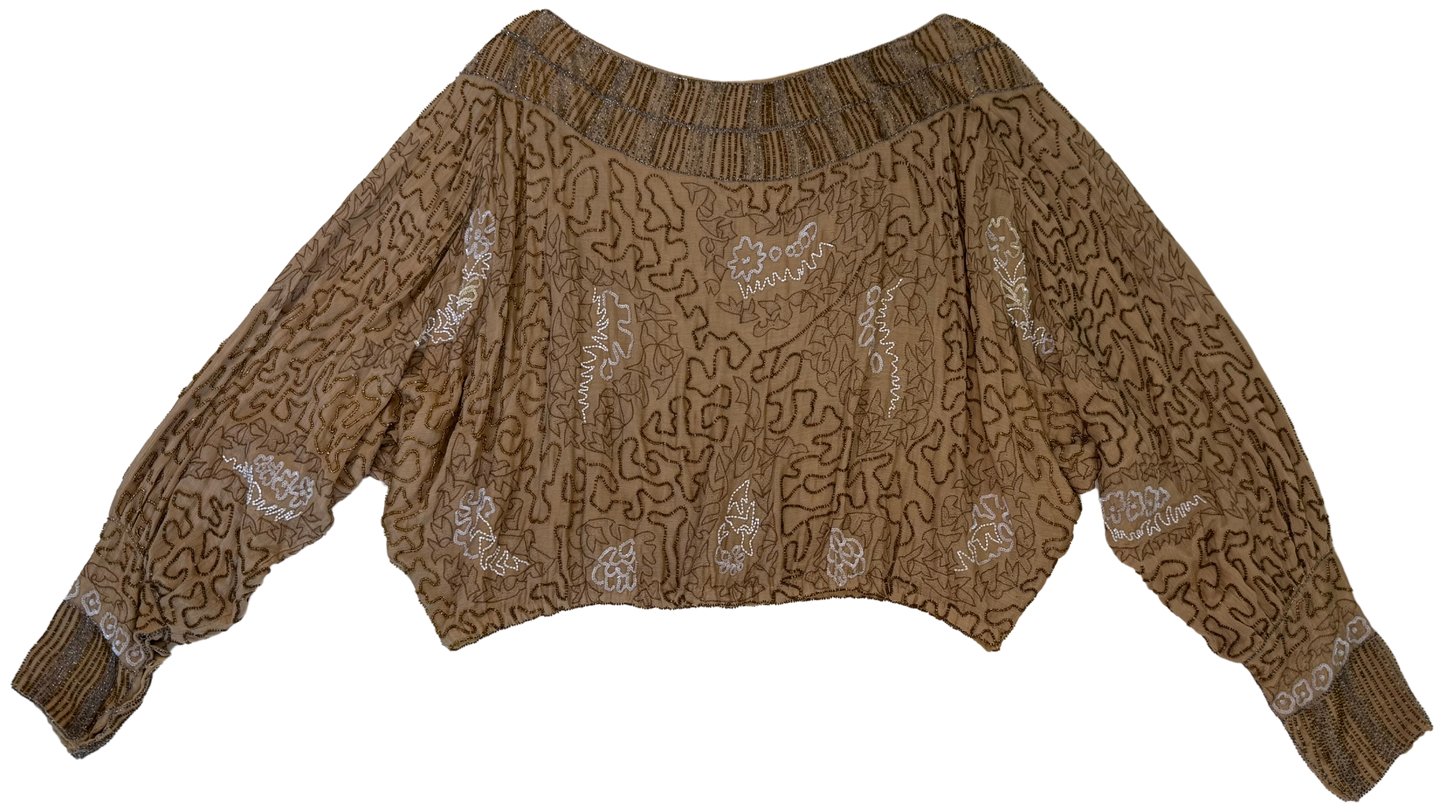 Antique 1920s Beaded Silk Batwing Blouse with Metallic Embroidery