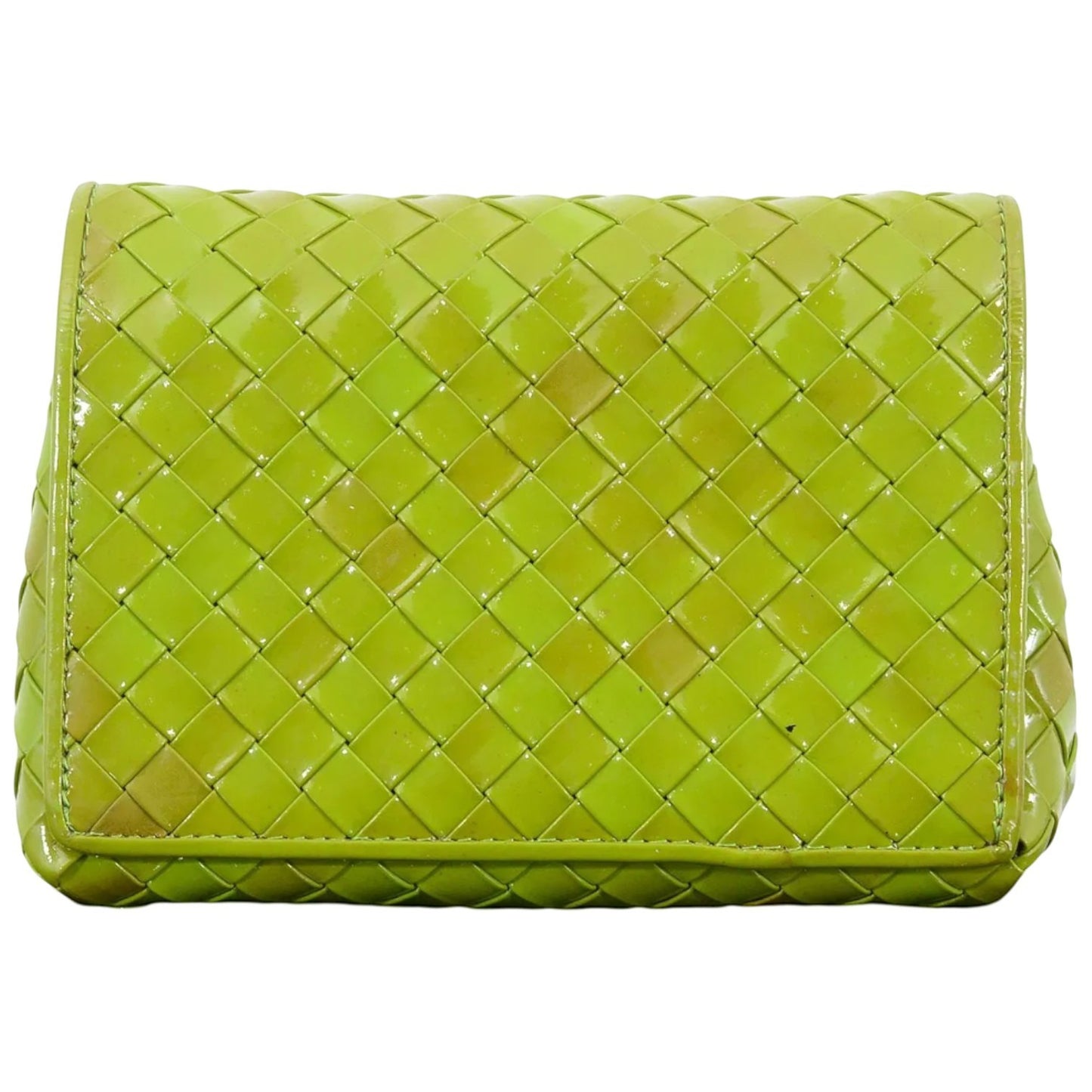 Cookie Monster Vintage Bottega Veneta lime green patent leather mini bag with signature Intrecciato weave and gold-tone hardware.