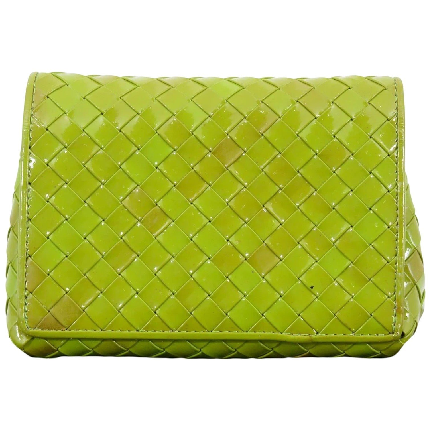 Cookie Monster Vintage Bottega Veneta lime green patent leather mini bag with signature Intrecciato weave and gold-tone hardware.