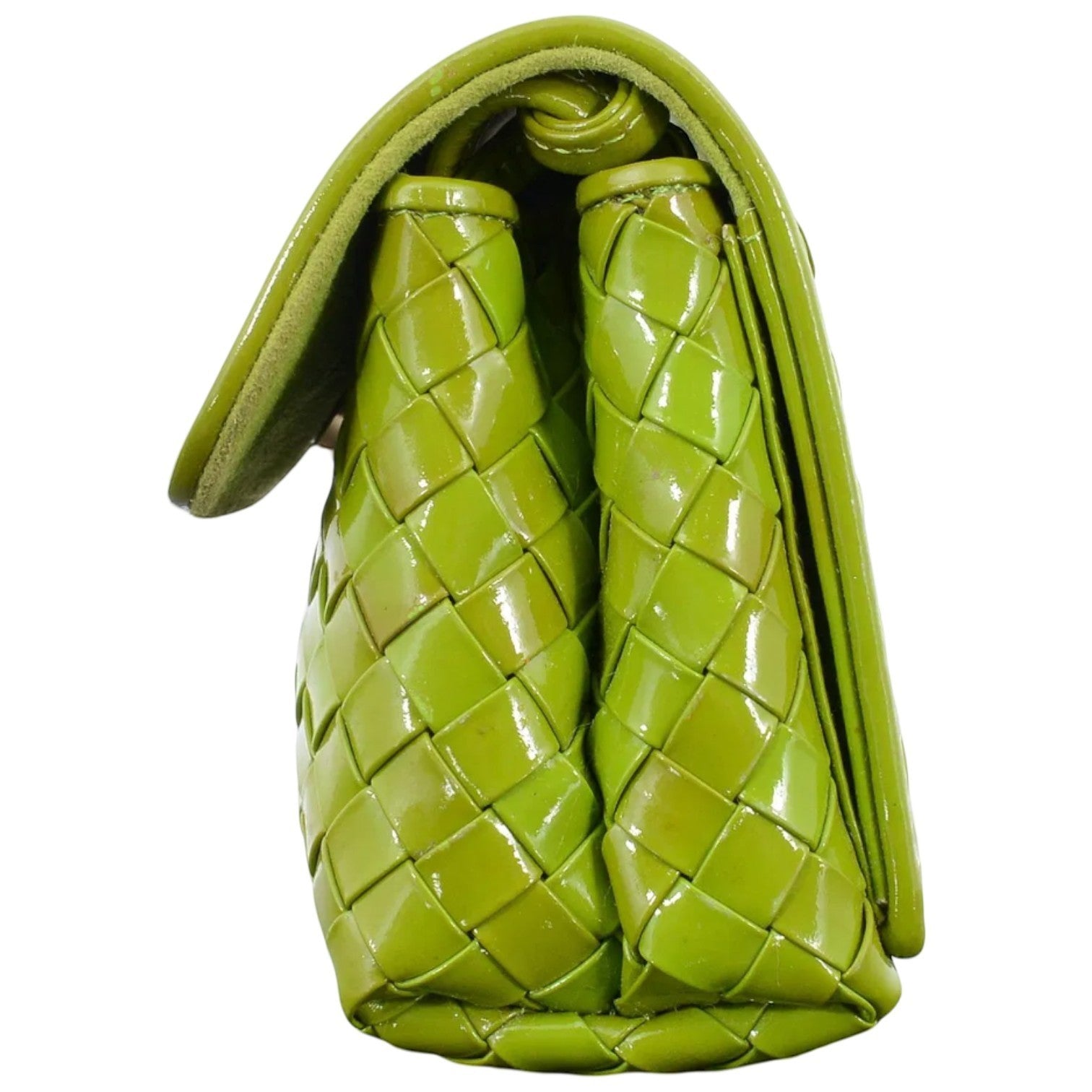 Cookie Monster Vintage Bottega Veneta lime green patent leather intrecciato mini bag with gold-tone hardware.