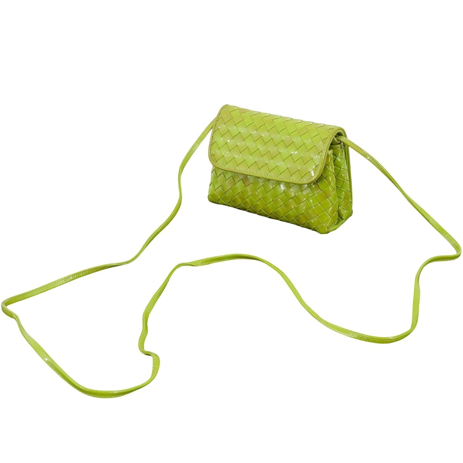 Cookie Monster Vintage Bottega Veneta lime green intrecciato mini bag with gold-tone hardware and a stowable shoulder strap.