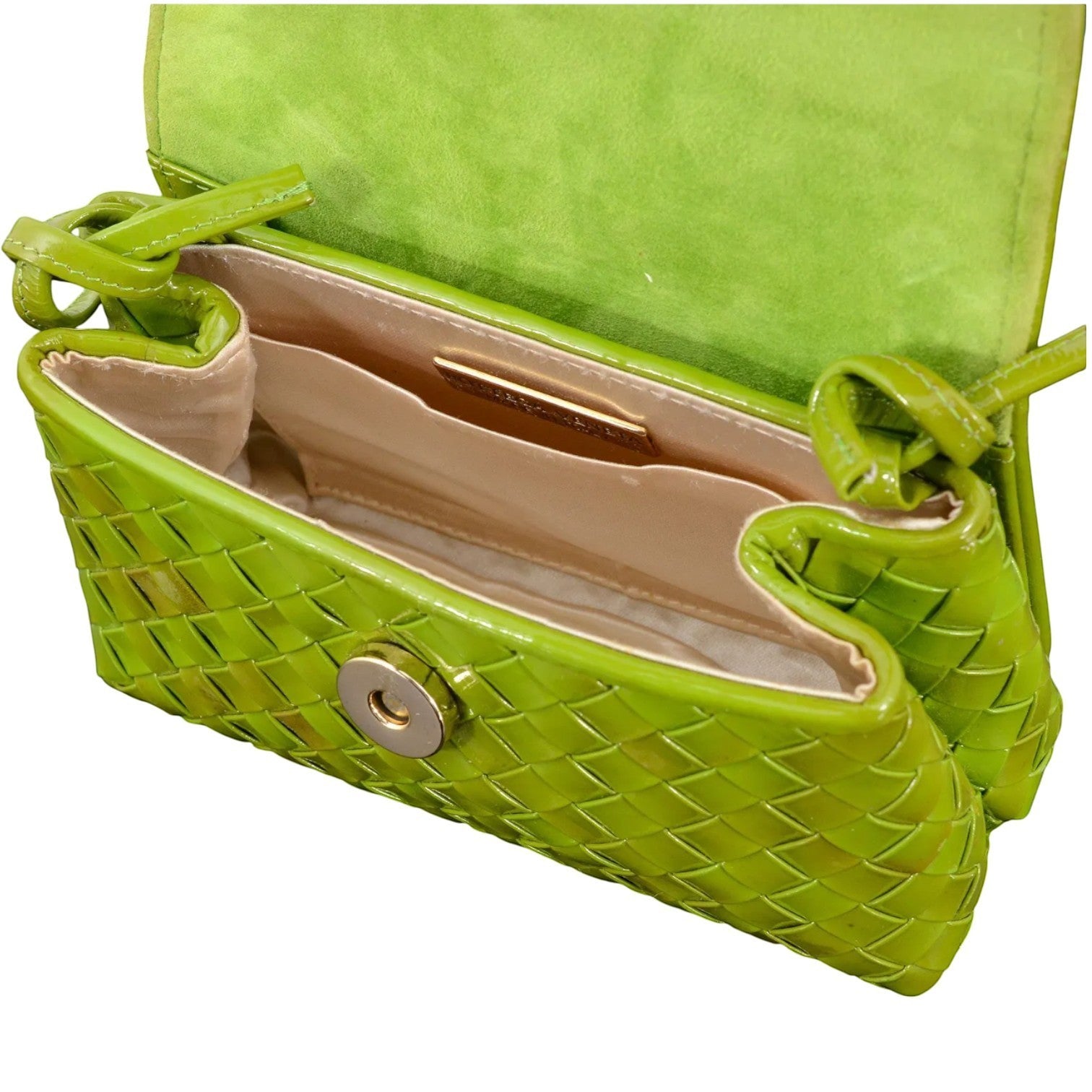 Cookie Monster Vintage Bottega Veneta lime green intrecciato mini bag with gold-tone hardware and interior slip pocket.