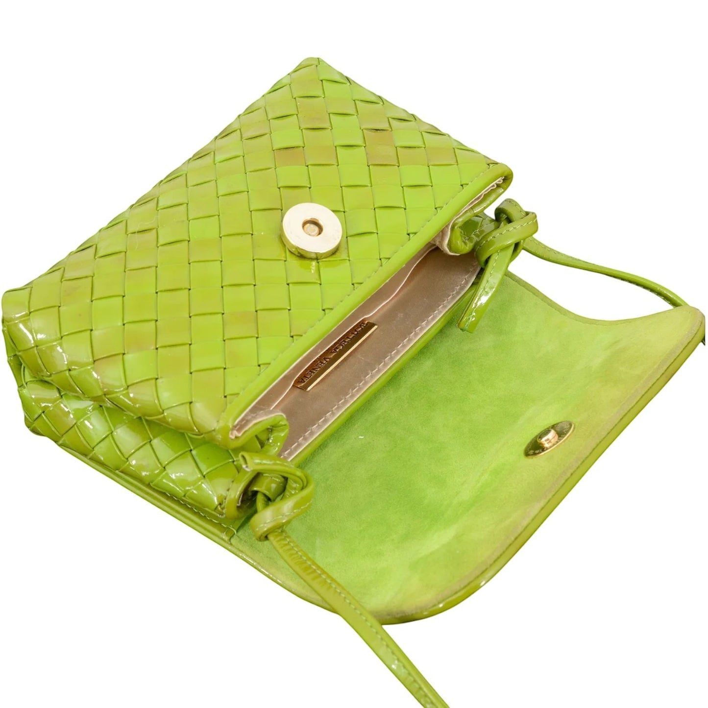 Cookie Monster Vintage Bottega Veneta lime green patent leather intrecciato mini bag with gold-tone hardware.