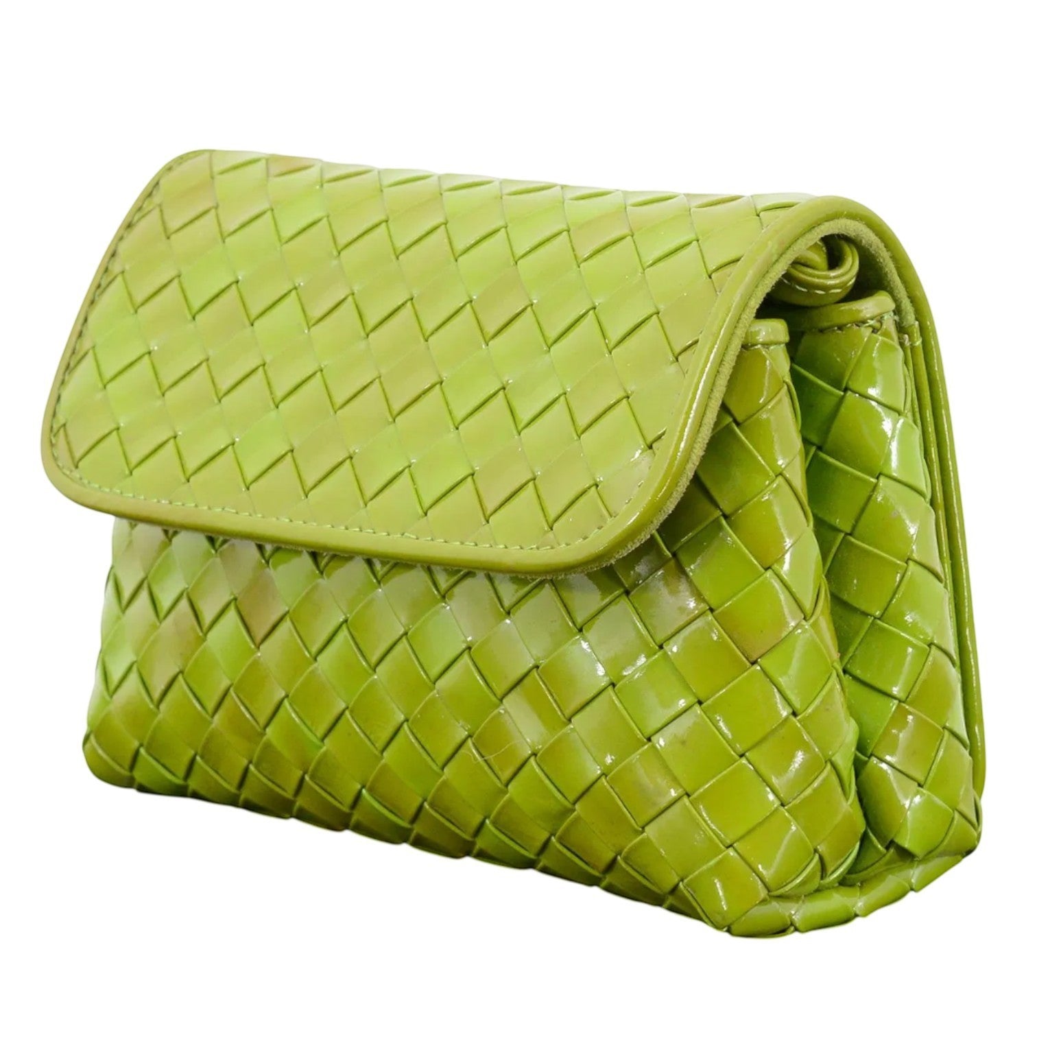 Cookie Monster Vintage Bottega Veneta lime green patent leather Intrecciato mini bag with gold-tone hardware.