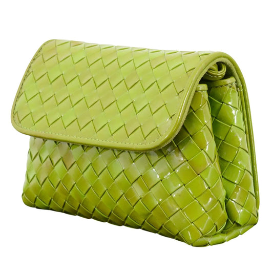 Cookie Monster Vintage Bottega Veneta lime green patent leather Intrecciato mini bag with gold-tone hardware.