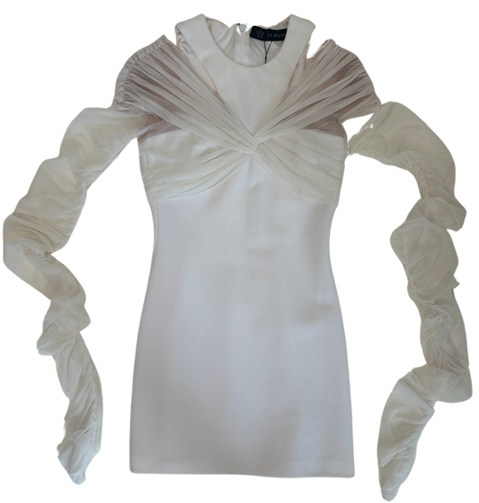 Versace White Stretch Knit Mini Dress with Sheer Ruched Tulle Sleeves - Resort 2014