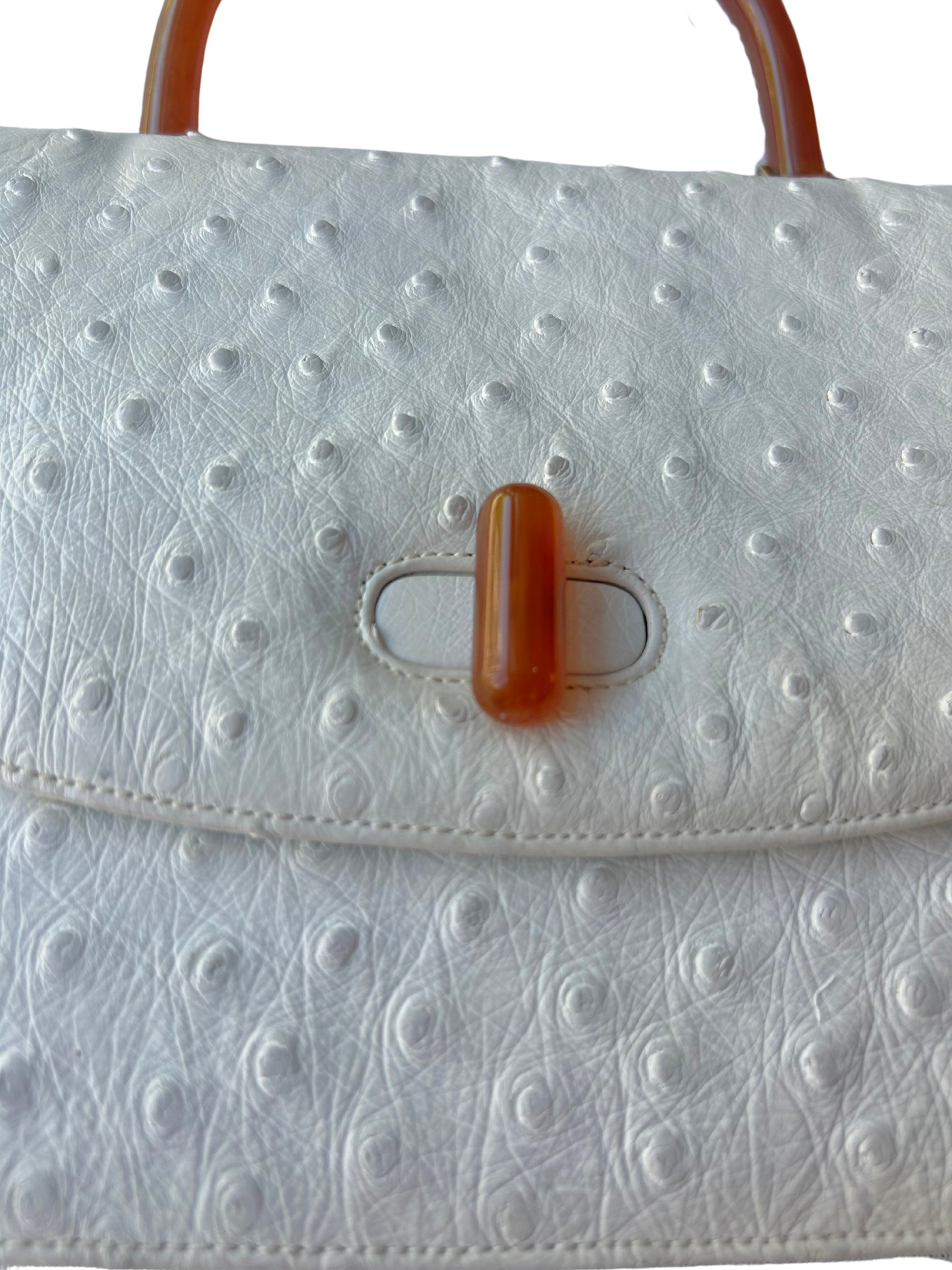Vintage Gucci White Ostrich Leather Top Handle Bag with Lucite Accents