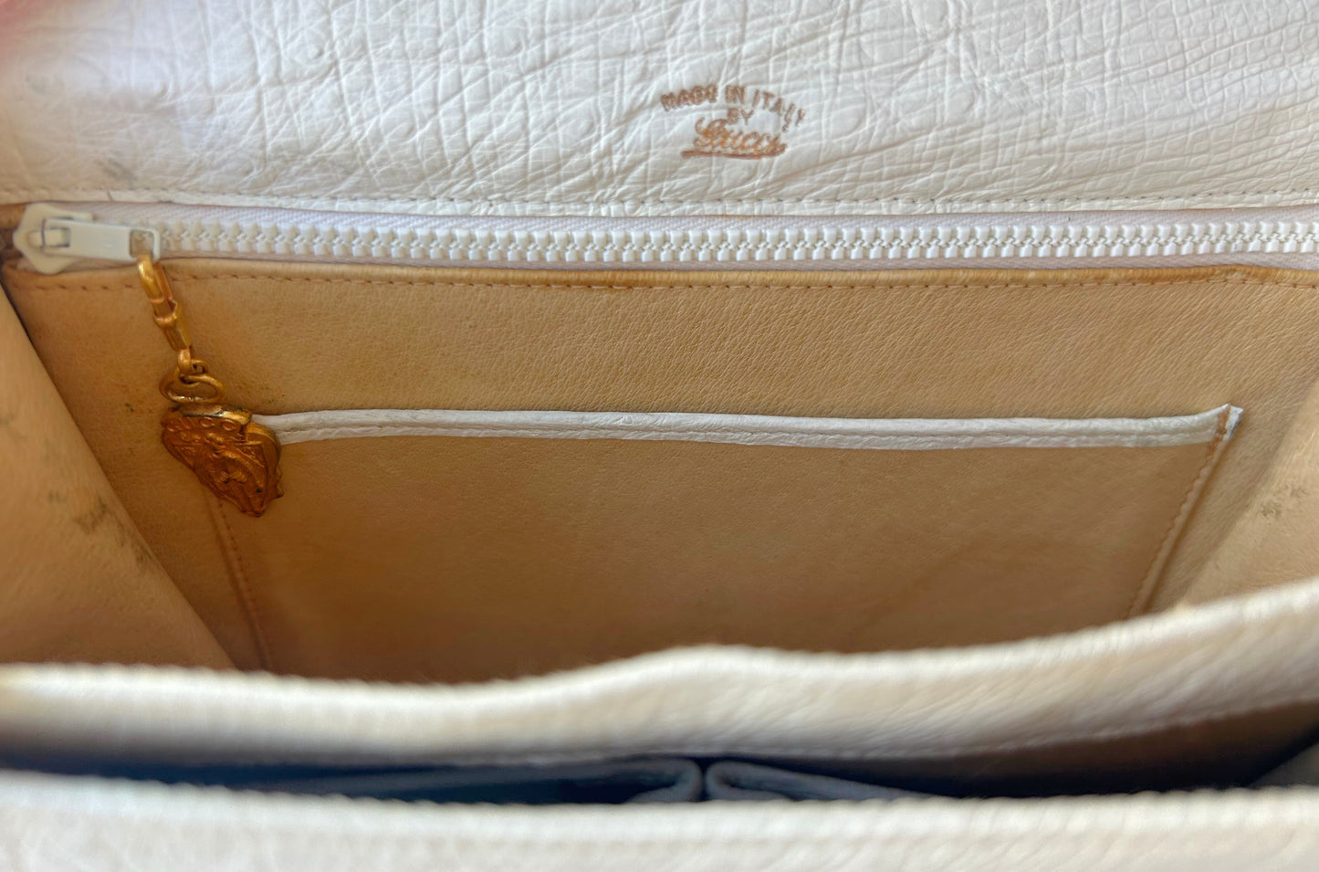 Vintage Gucci White Ostrich Leather Top Handle Bag with Lucite Accents