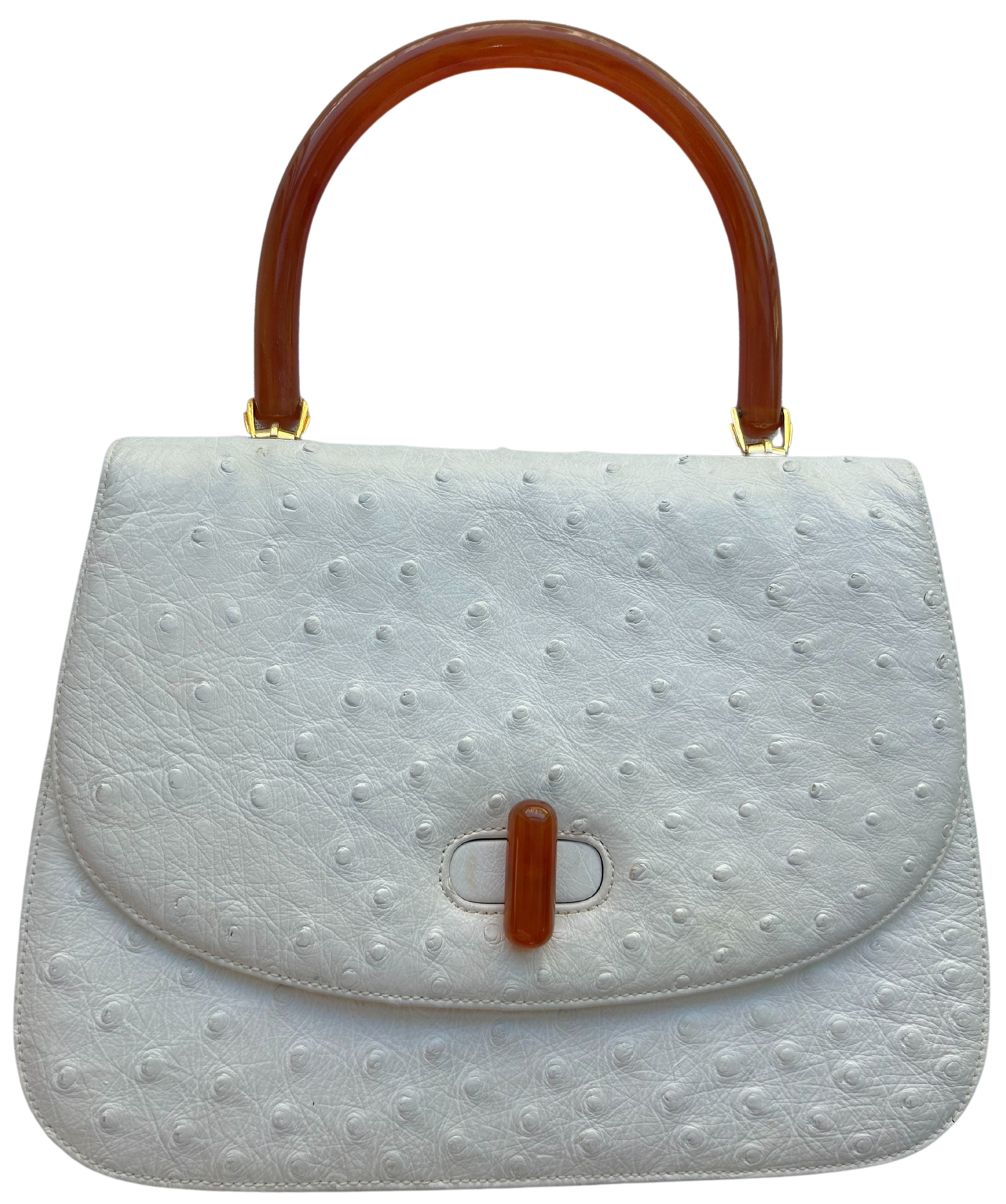 Vintage Gucci White Ostrich Leather Top Handle Bag with Lucite Accents