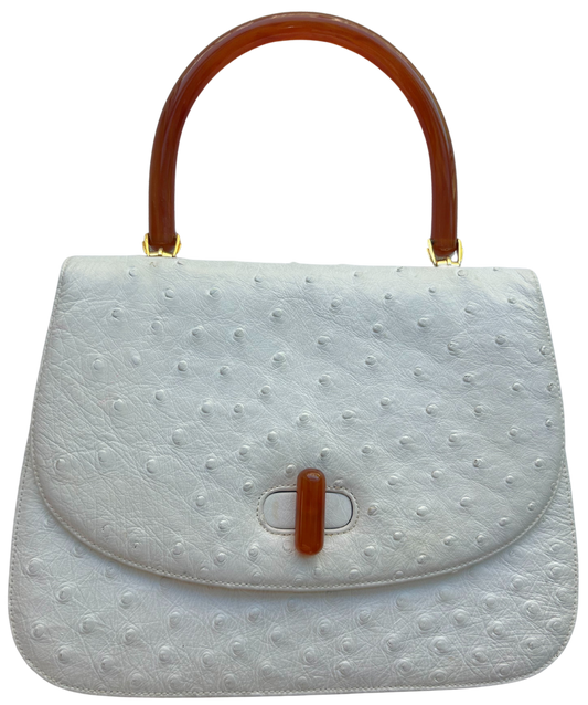 Vintage Gucci White Ostrich Leather Top Handle Bag with Lucite Accents