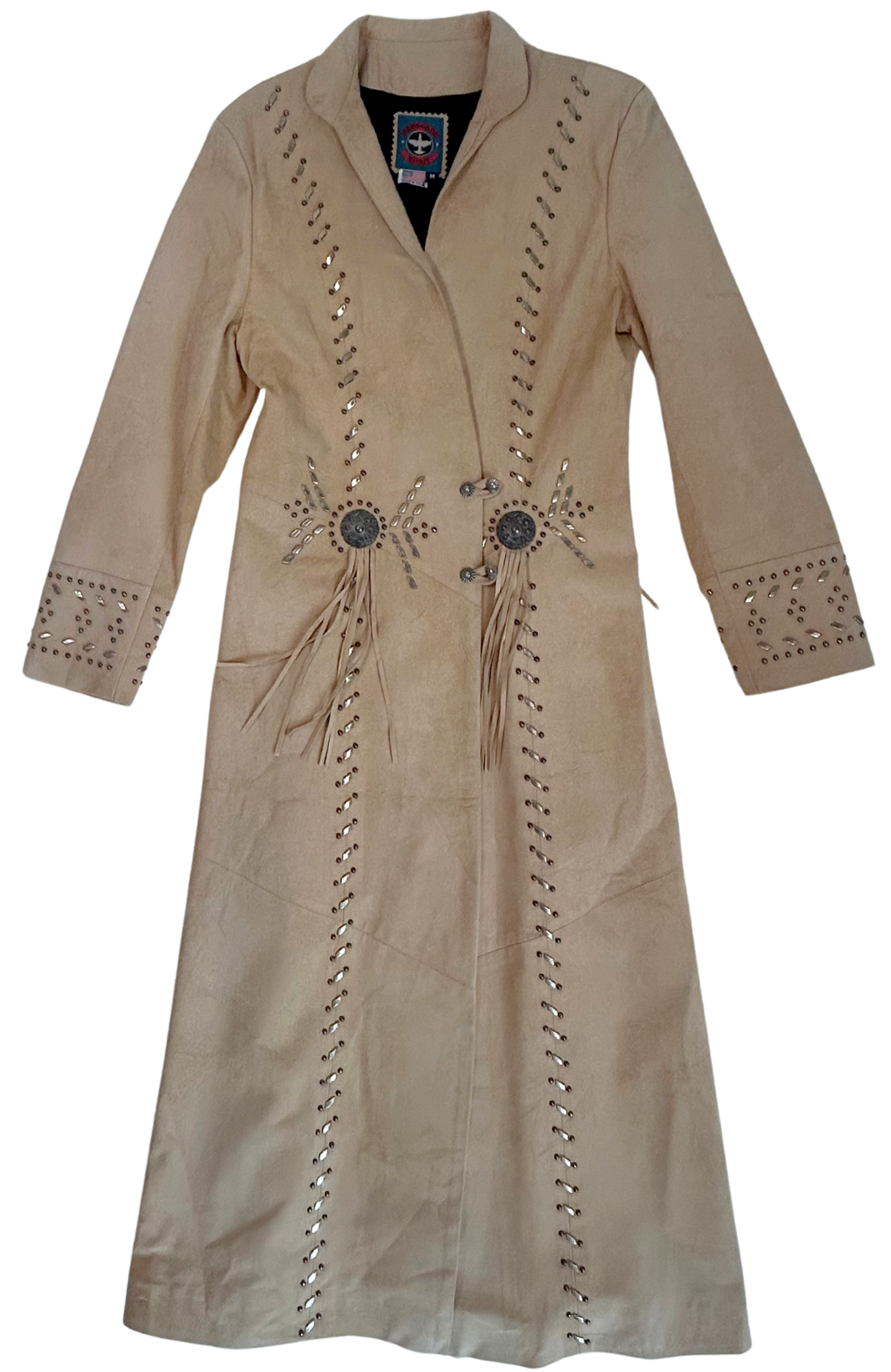 Vintage Renegade Spirit Tan Suede Fringe Duster Coat - Western Studded Long Jacket - Made in USA