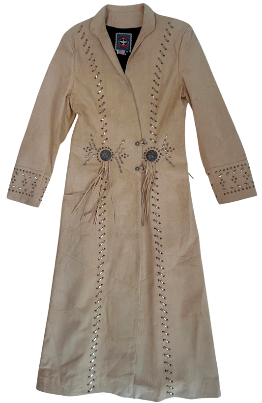 Vintage Renegade Spirit Tan Suede Fringe Duster Coat - Western Studded Long Jacket - Made in USA