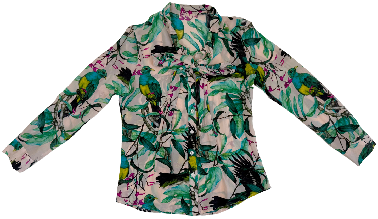 Silk Tropical Print Pussybow Blouse