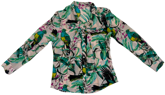 Silk Tropical Print Pussybow Blouse