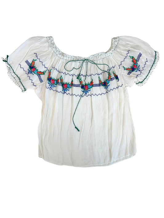 Vintage 1970s White Sheer Peasant Top with Colorful Floral Embroidery