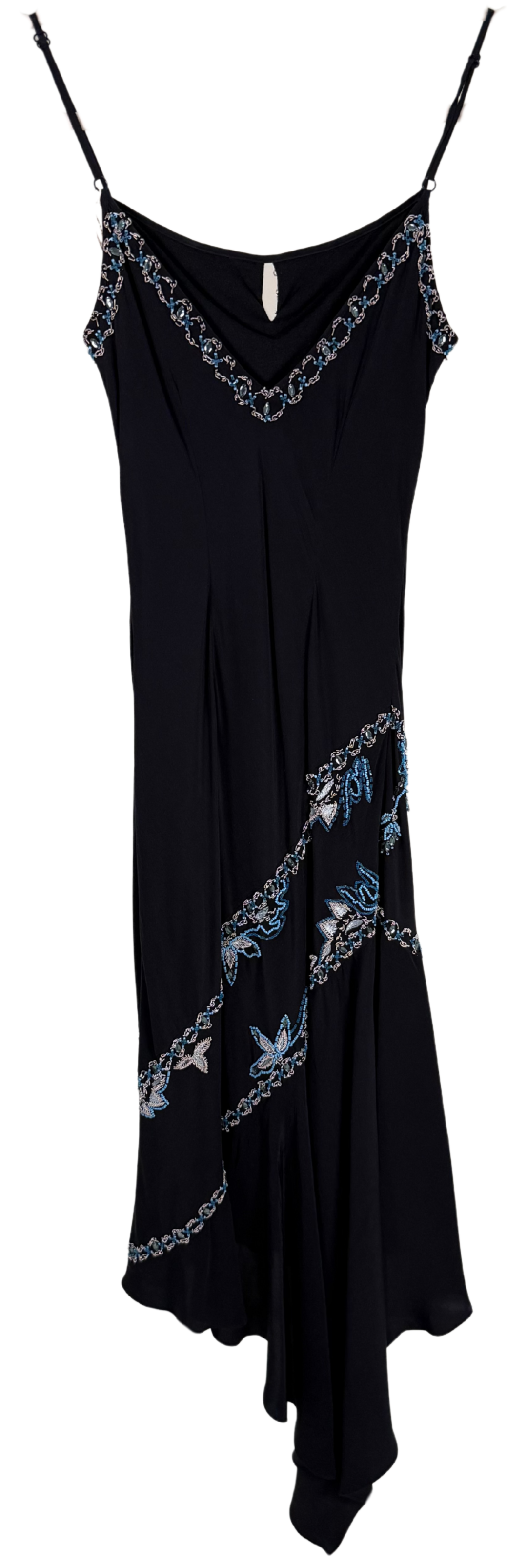 Vintage 1990s Caché Black Silk Beaded Asymmetrical Dress