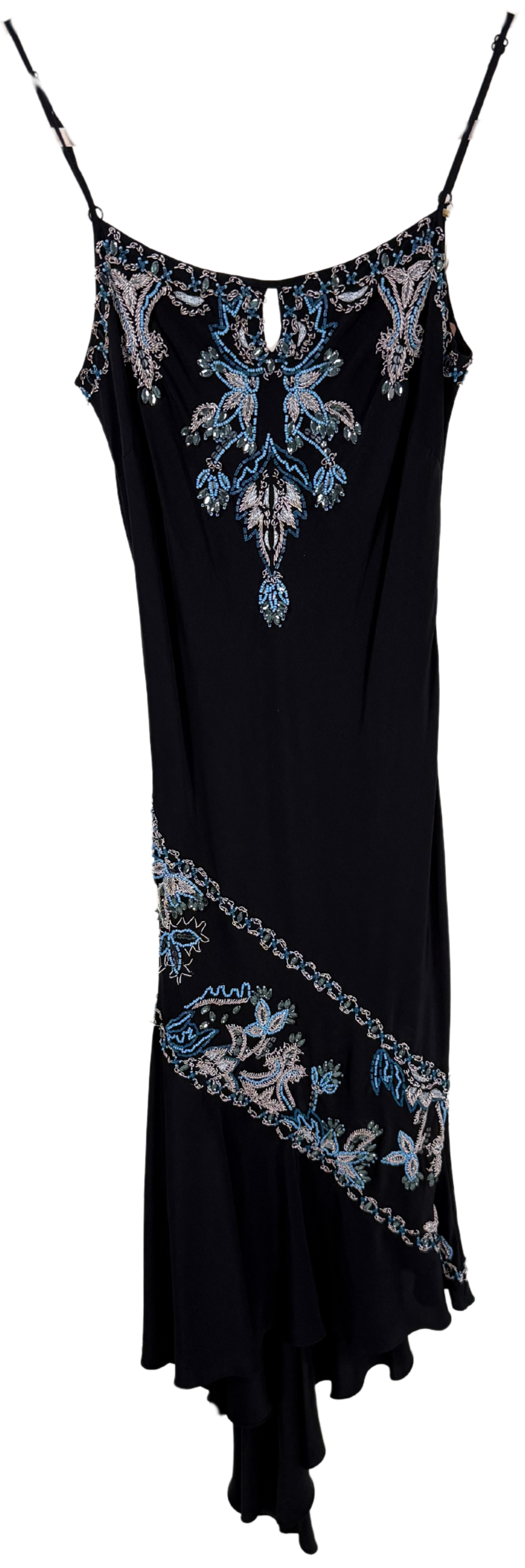 Vintage 1990s Caché Black Silk Beaded Asymmetrical Dress