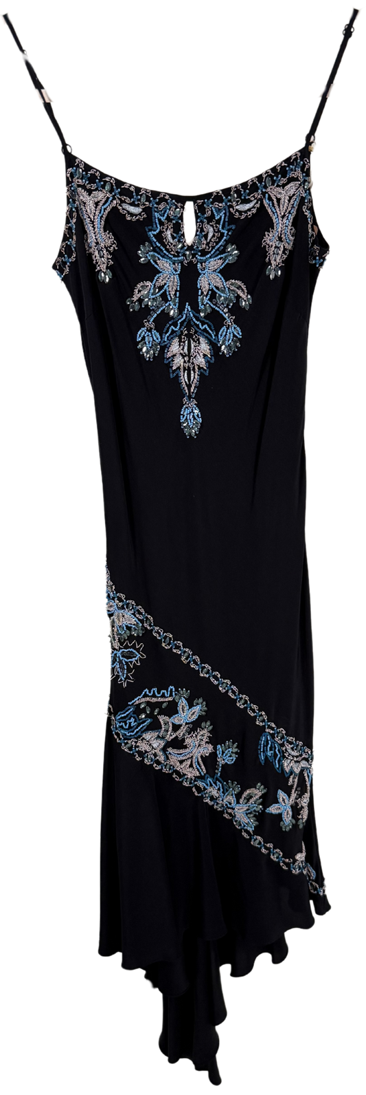 Vintage 1990s Caché Black Silk Beaded Asymmetrical Dress