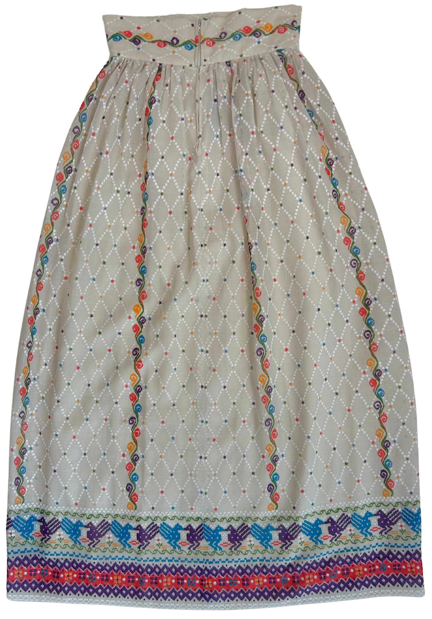 Vintage 1970s High-Waisted Woven Cotton Skirt with Guatemalan-Inspired Print