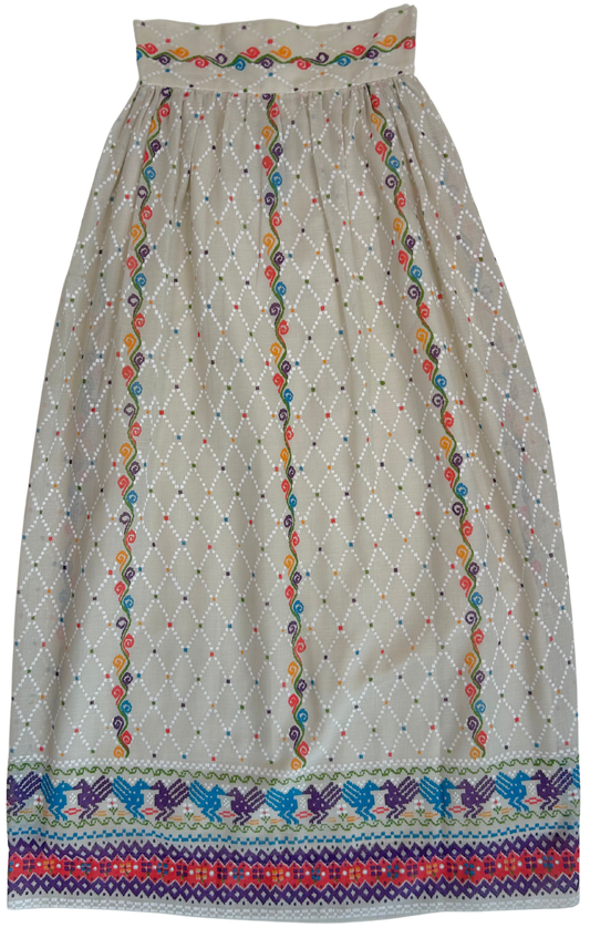 Vintage 1970s High-Waisted Woven Cotton Skirt with Guatemalan-Inspired Print