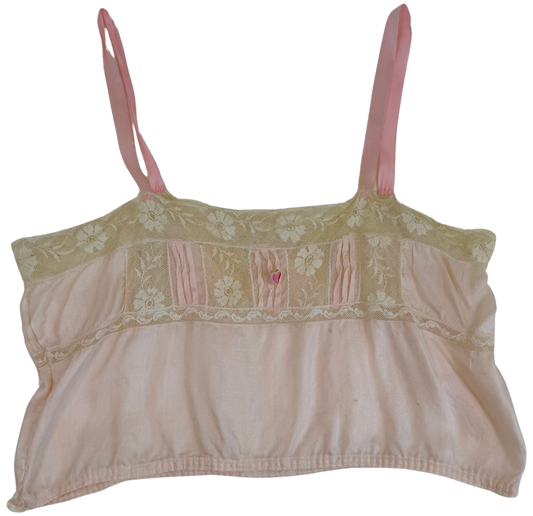 Antique Edwardian Pink Silk and Lace Camisole Top – 1910s Lingerie